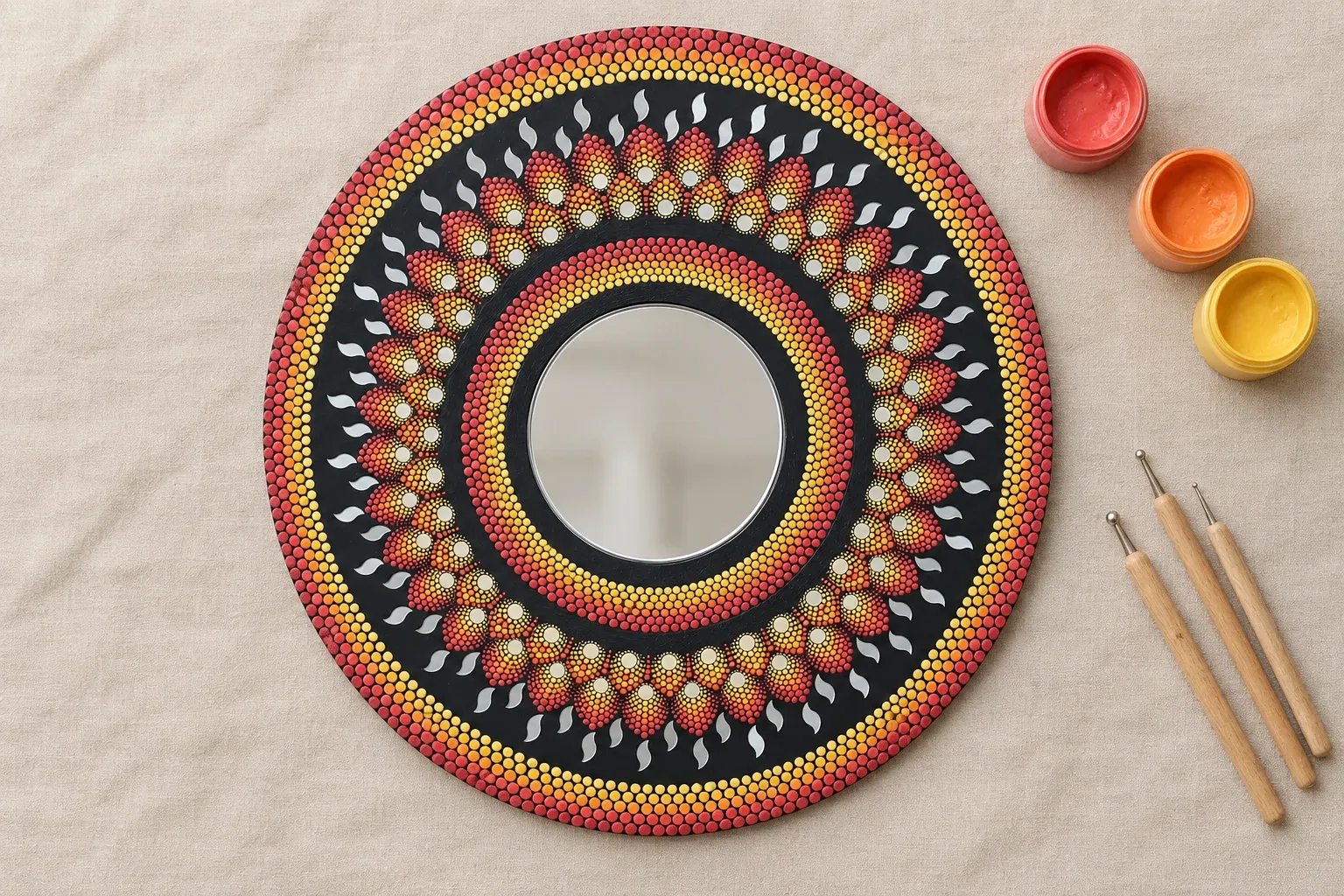 Ember Petal Mirror on linen beside dotting tools and pots of coral, orange, yellow paint