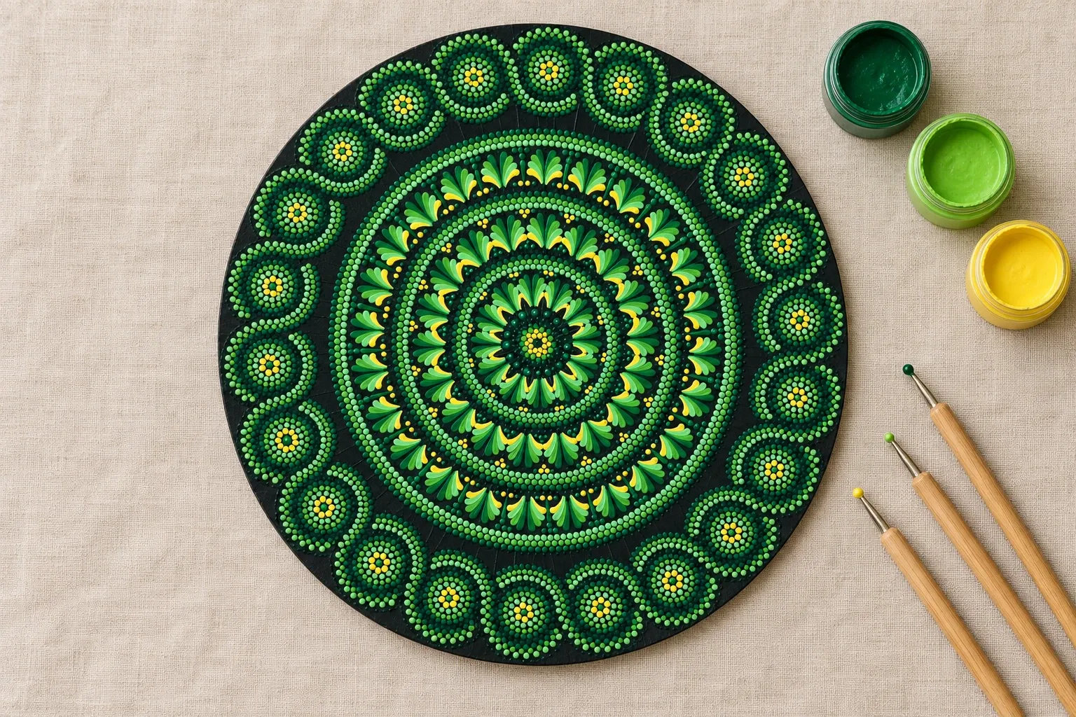 Emerald Bloom on linen beside dotting tools and pots of emerald, lime, yellow paint