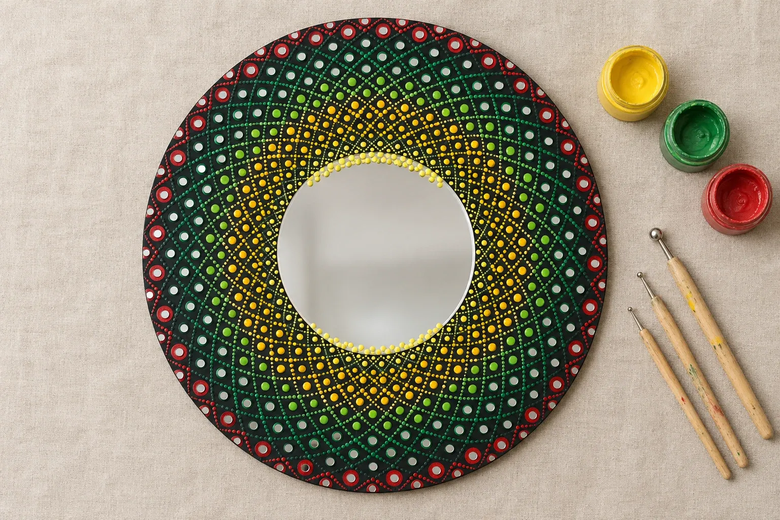 Green Lattice Mirror on linen beside dotting tools and pots of yellow, green, red paint