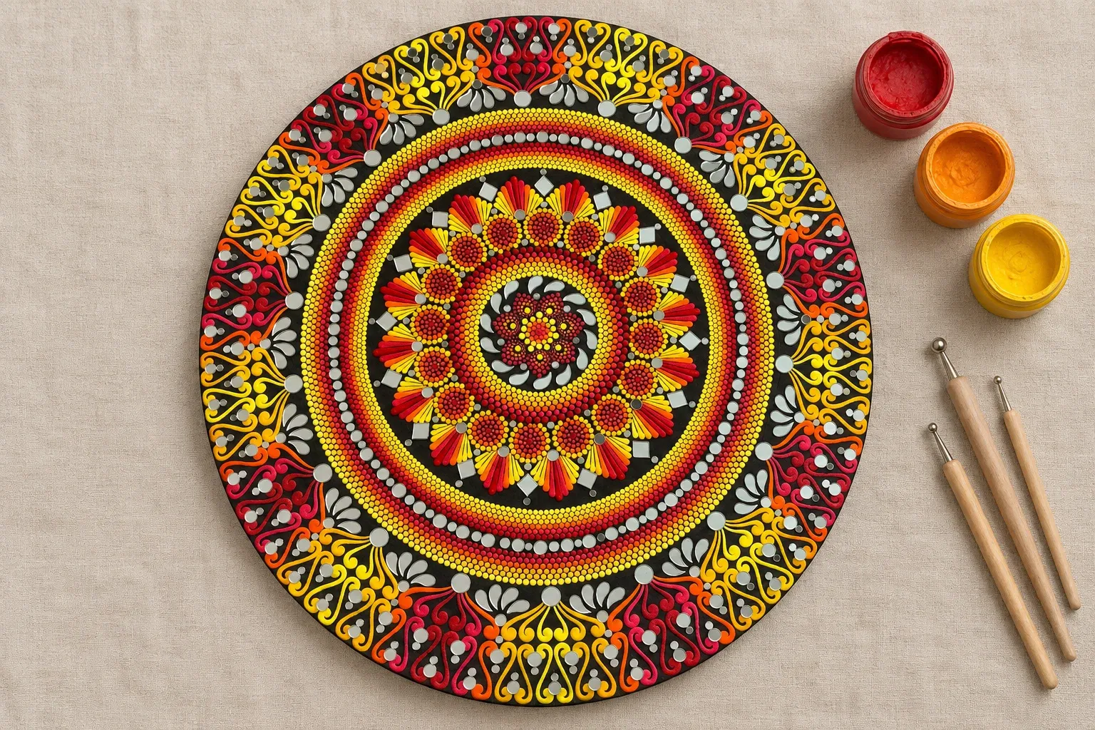 Flame Wheel on linen beside dotting tools and pots of red, saffron, yellow paint