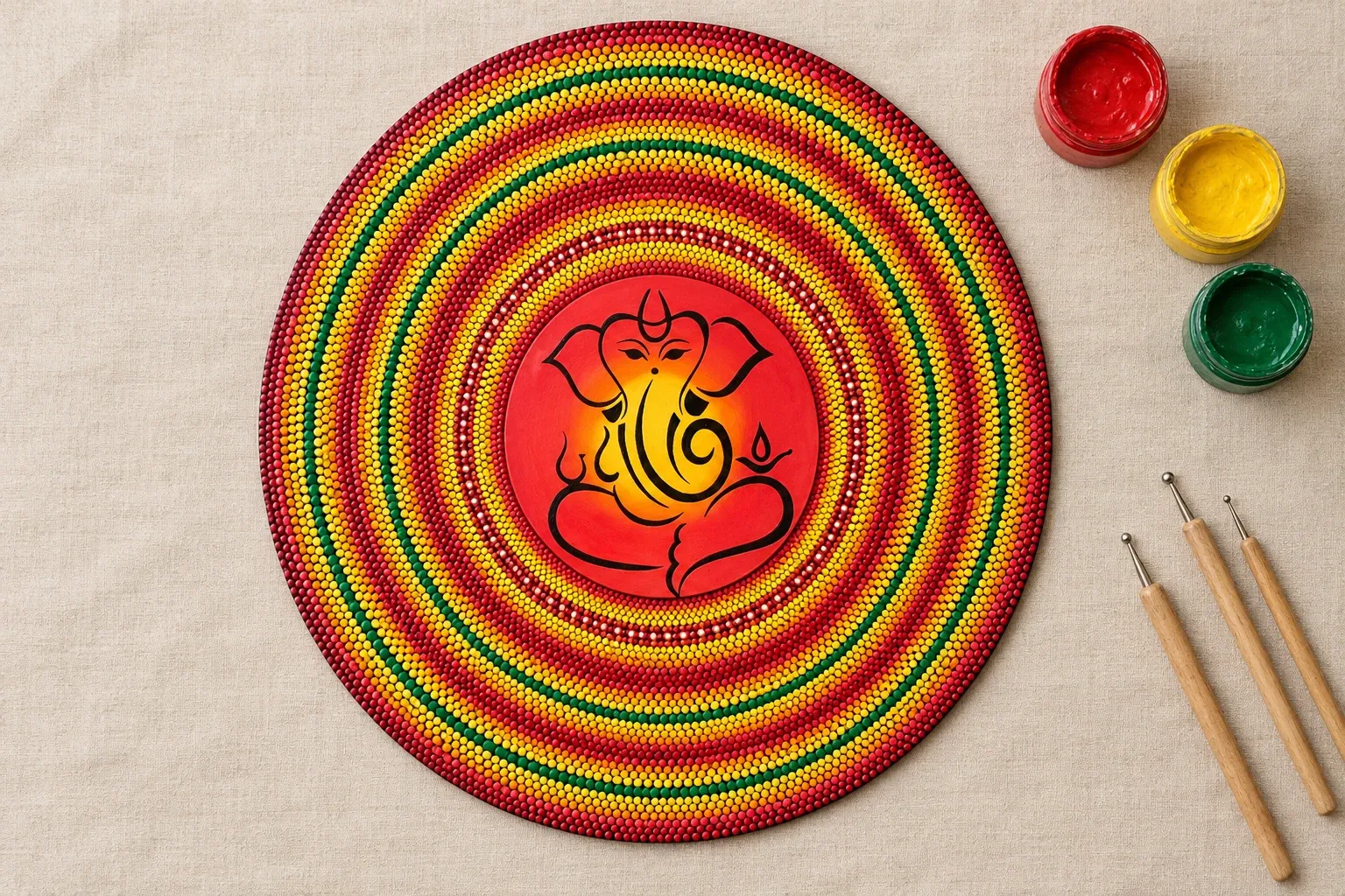 Ganesha in Rings of Light on linen beside dotting tools and pots of red, yellow, green paint