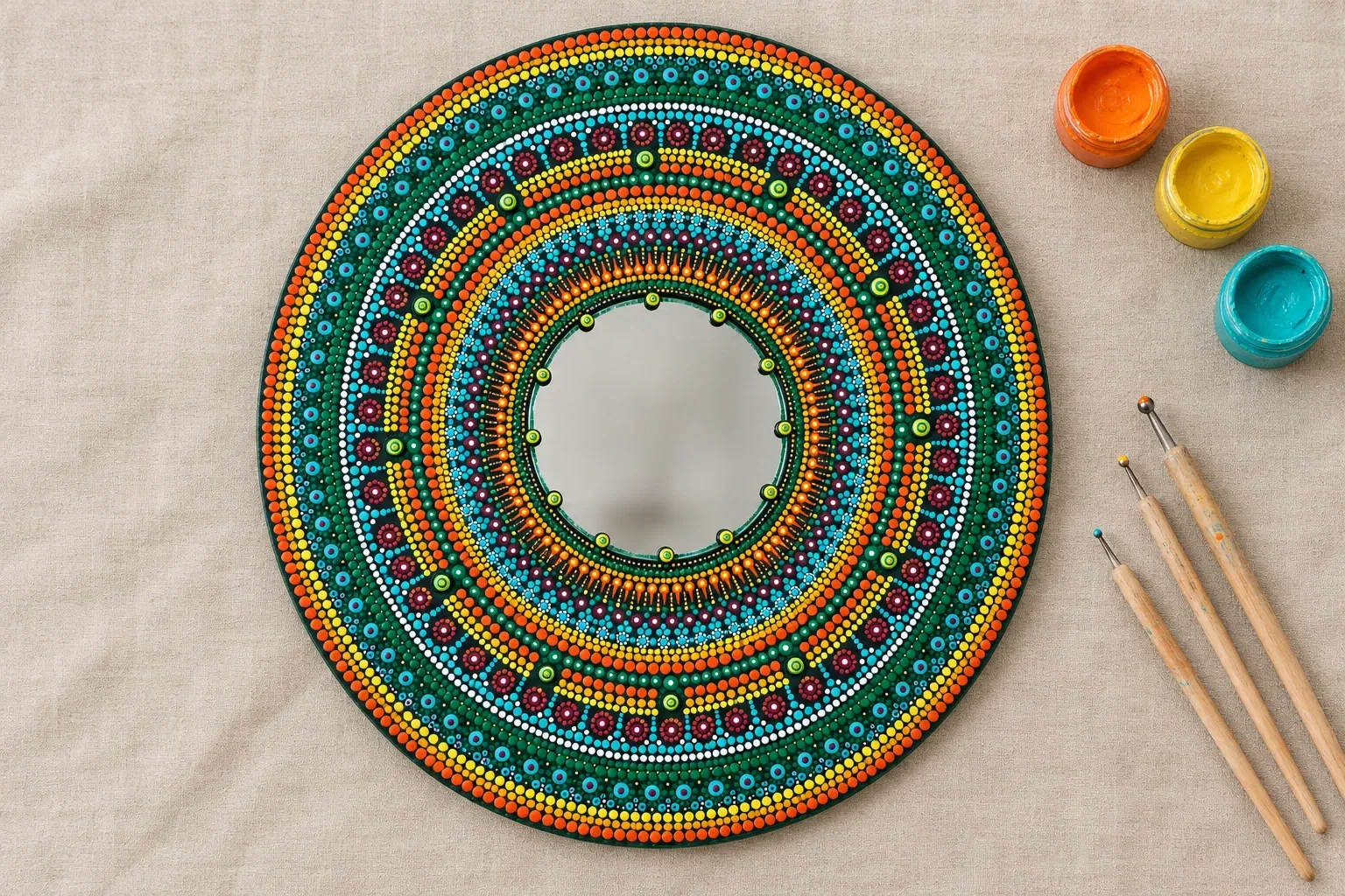 Marigold Mirror on linen beside dotting tools and pots of orange, yellow, turquoise paint
