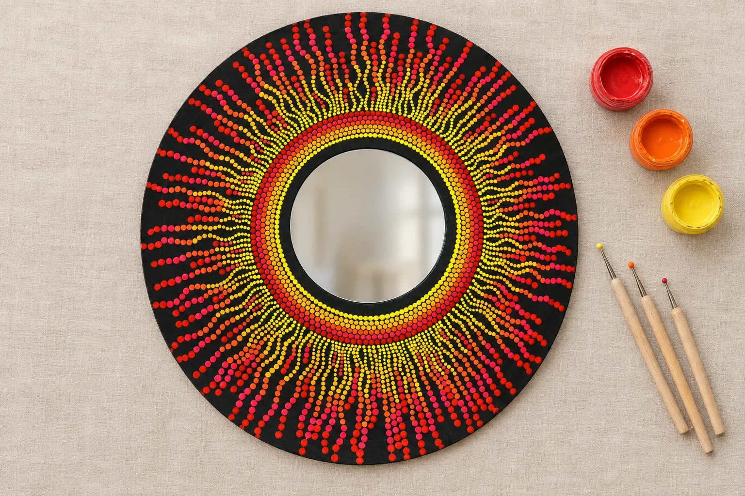 Solar Flare Mirror on linen beside dotting tools and pots of red, orange, yellow paint