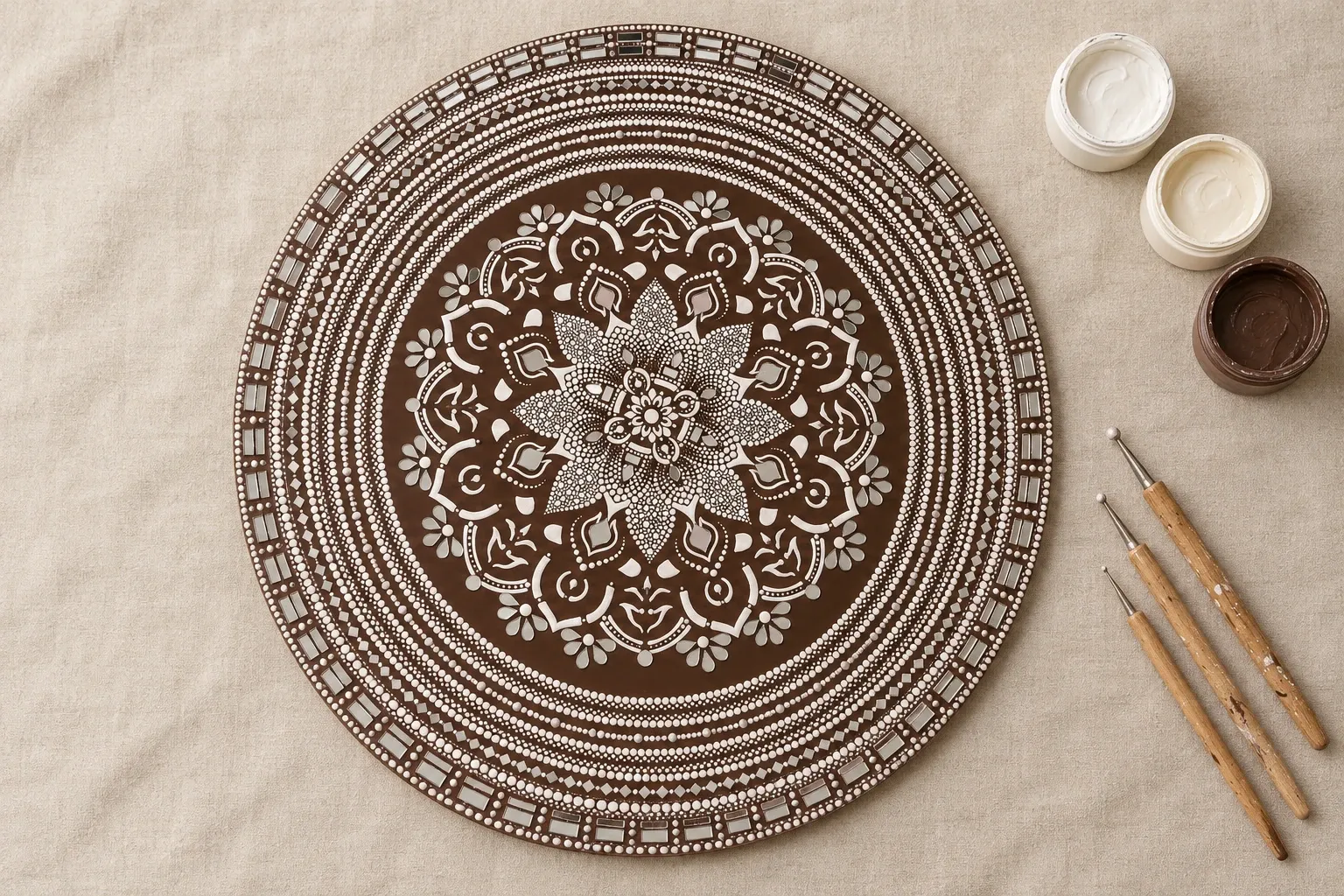 Cocoa Lace on linen beside dotting tools and pots of white, cream, cocoa paint