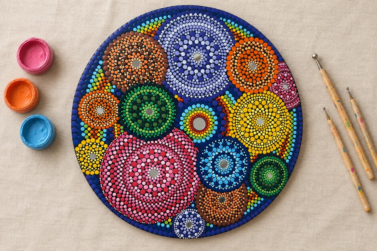 Garden of Small Worlds on linen beside dotting tools and pots of pink, orange, blue paint