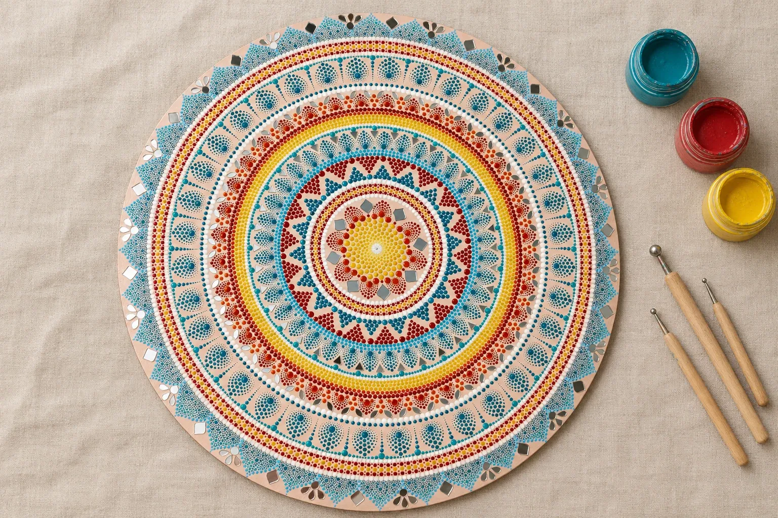 Summer Rangoli on linen with dotting tools and open pots of acrylic paint