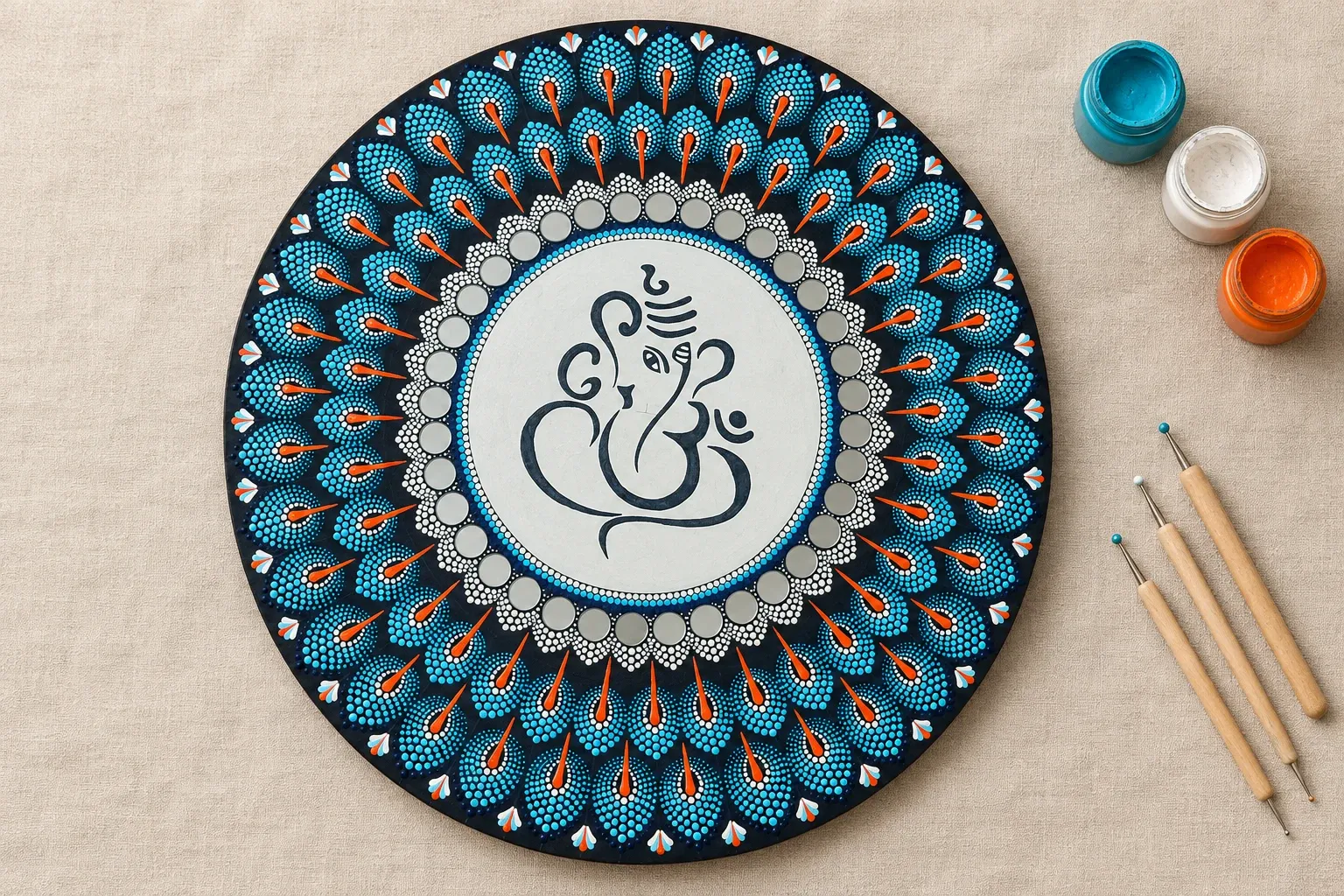 Peacock Ganesha on linen beside dotting tools and pots of turquoise, white, orange paint