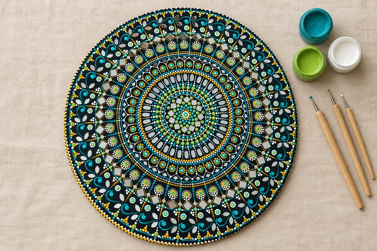 Shisha Rangoli on linen beside dotting tools and pots of teal, lime, white paint