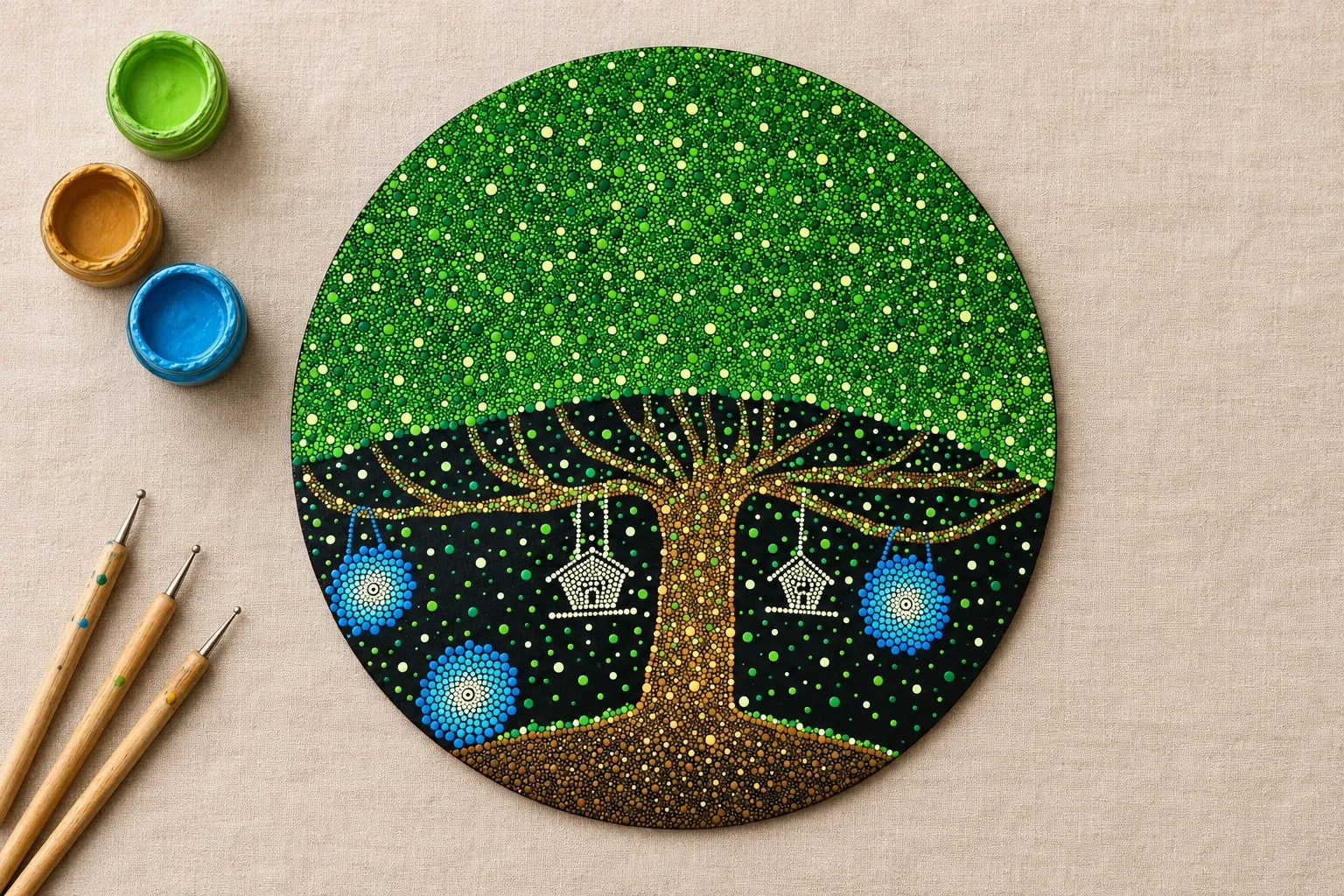 Tree of Wishes II on linen beside dotting tools and pots of lime, ochre, blue paint