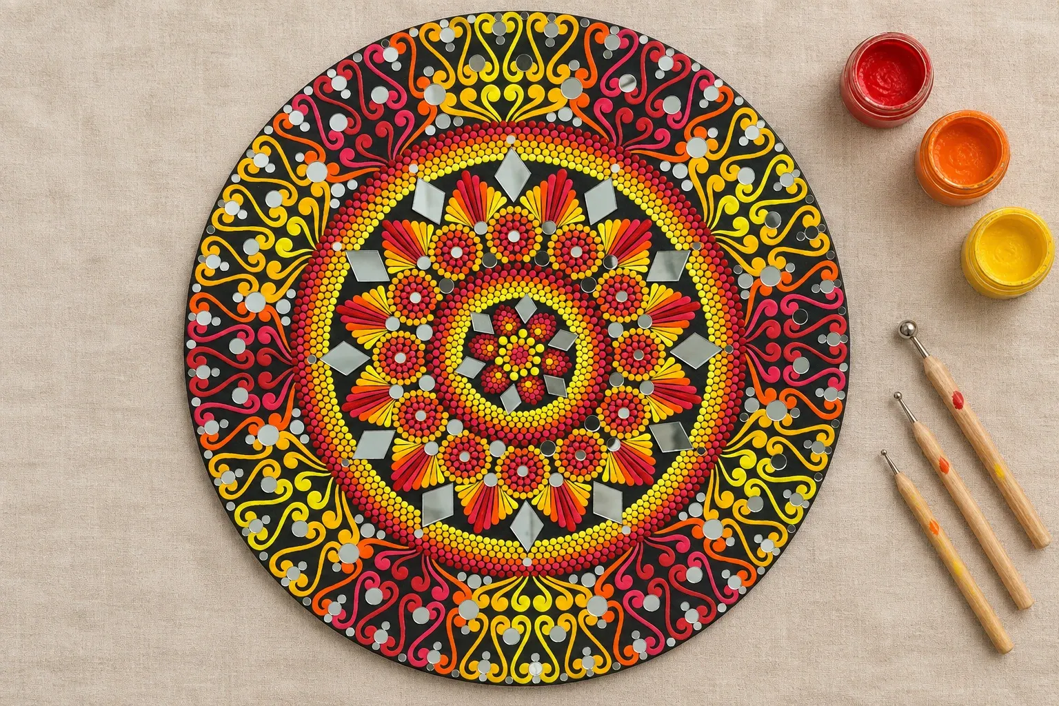 Fire Lotus on linen beside dotting tools and pots of red, orange, yellow paint