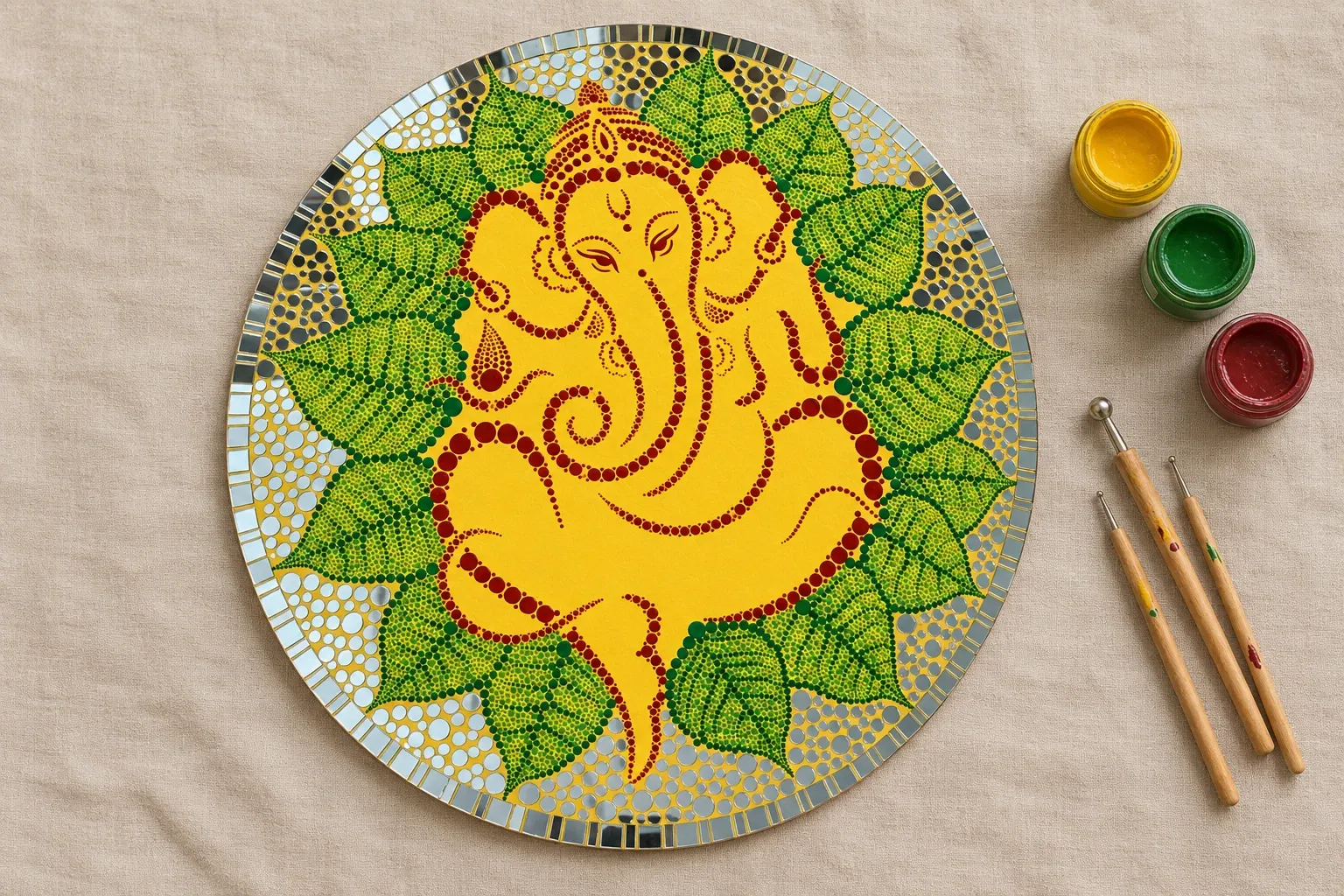 Pipal Leaf Ganesha on linen beside dotting tools and pots of yellow, green, maroon paint