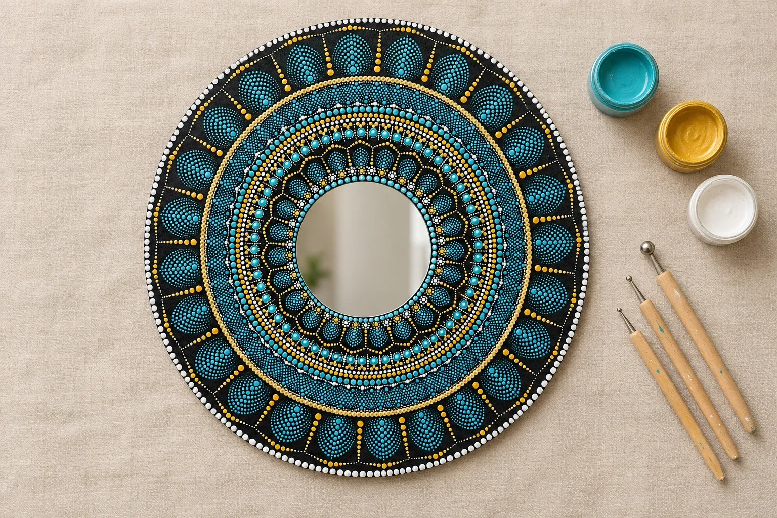 Midnight Petal Mirror on linen beside dotting tools and pots of turquoise, gold, white paint