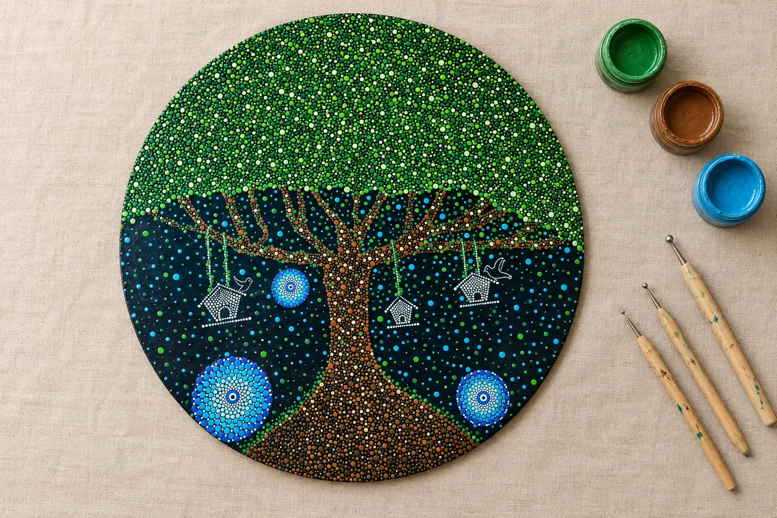 Tree of Wishes on linen beside dotting tools and pots of green, brown, blue paint
