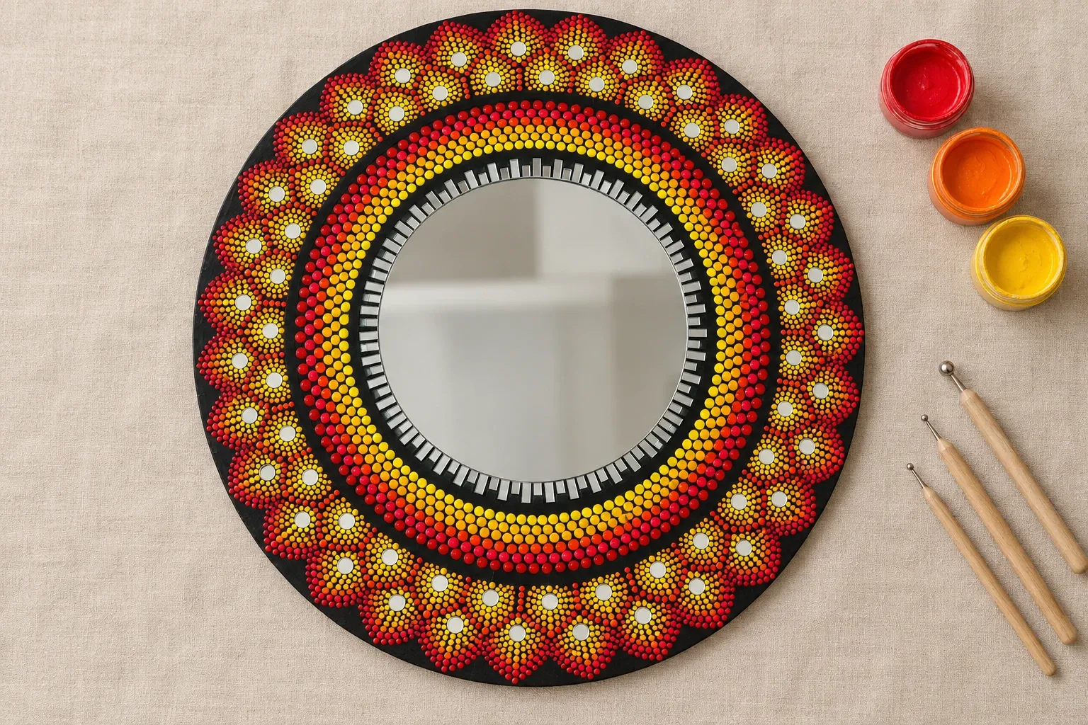 Sunflare Mirror on linen beside dotting tools and pots of red, orange, yellow paint