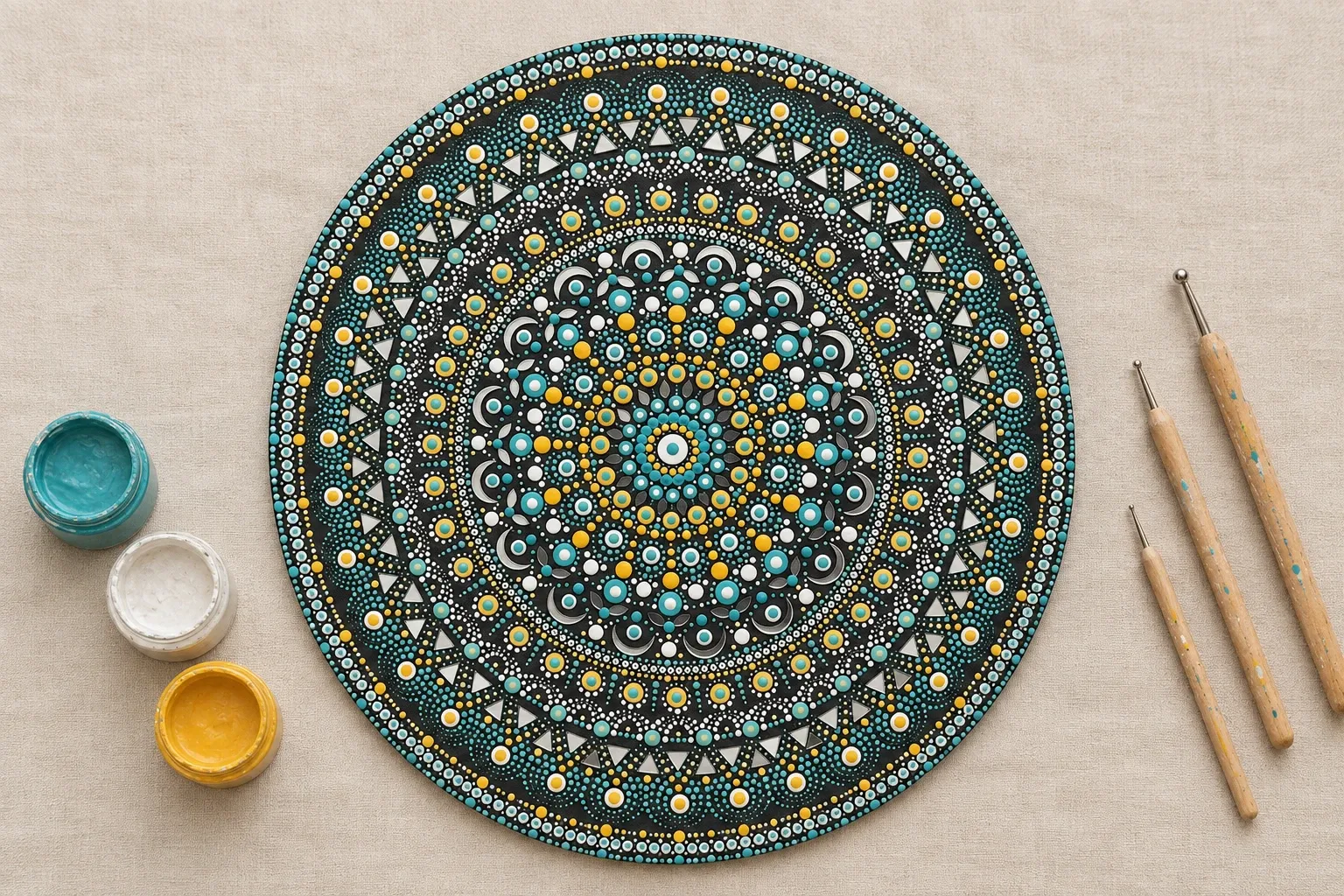 Starlit Pearl on linen beside dotting tools and pots of turquoise, pearl, gold paint