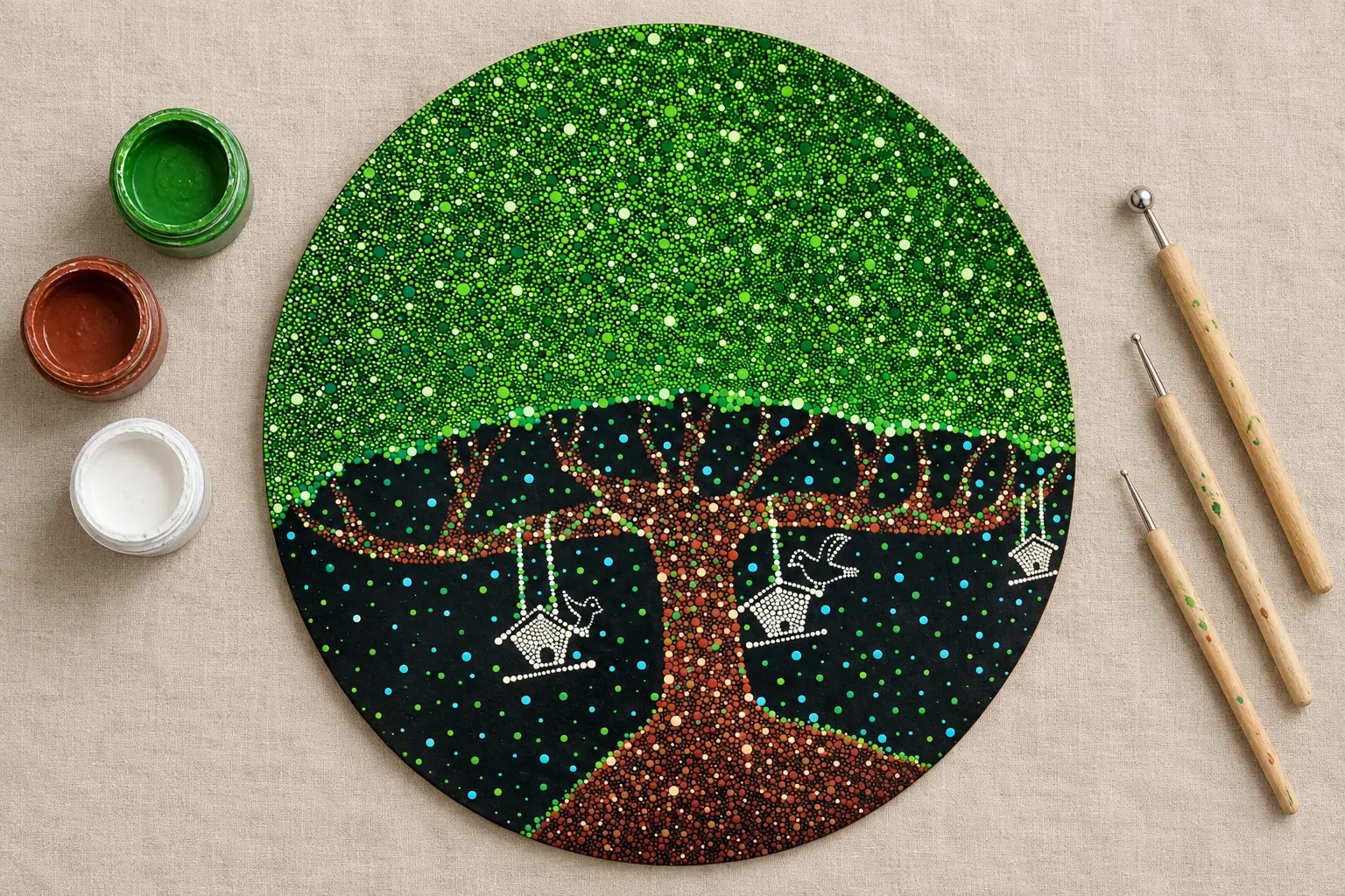 Tree of Wishes III on linen beside dotting tools and pots of green, rust, white paint