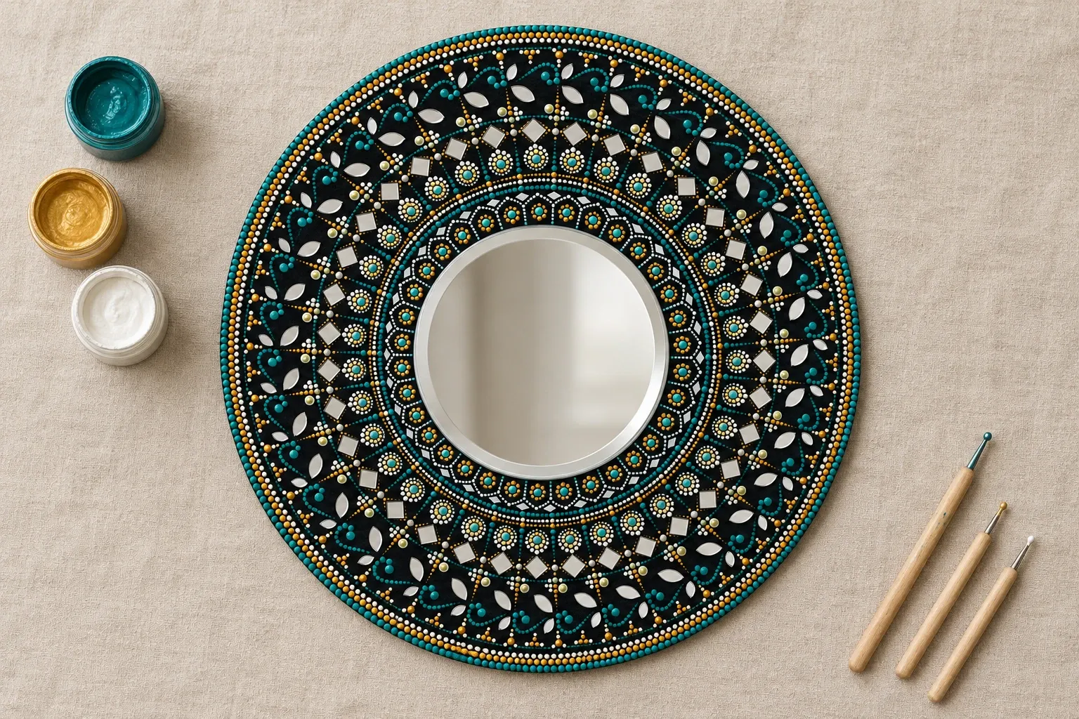 Moonwell Mirror on linen beside dotting tools and pots of teal, gold, white paint
