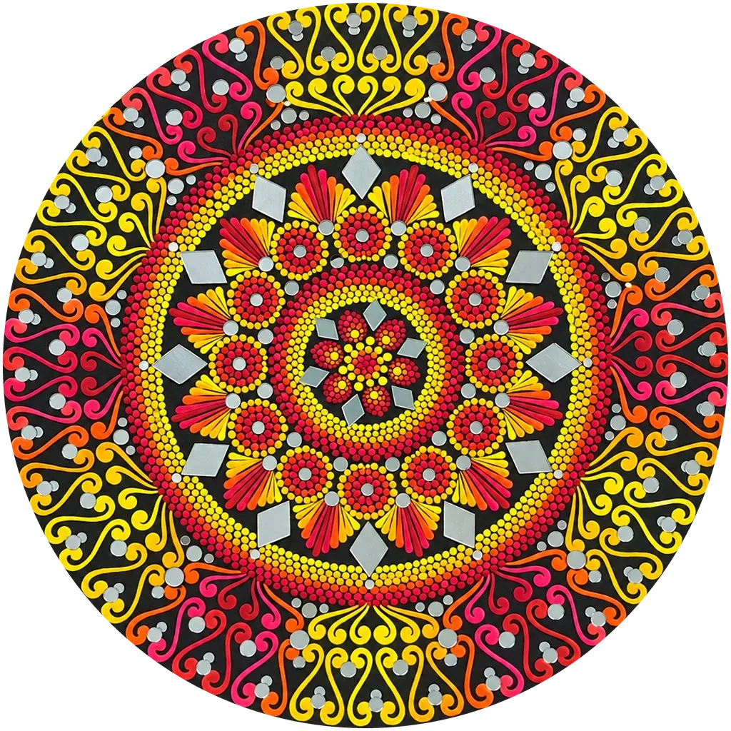 Fire Lotus, a 24-inch hand-painted dot mandala wall disc