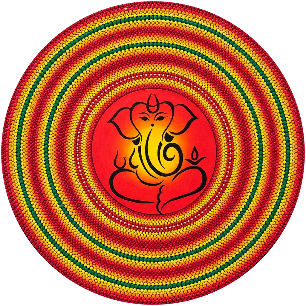 Ganesha in Rings of Light, a 24-inch hand-painted dot mandala wall disc
