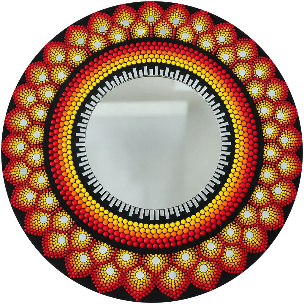Sunflare Mirror, a 24-inch hand-painted dot mandala mirror