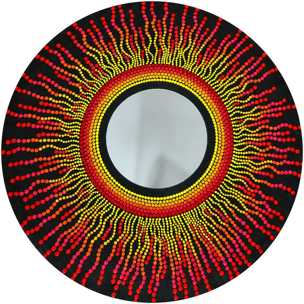 Solar Flare Mirror, a 20-inch hand-painted dot mandala mirror