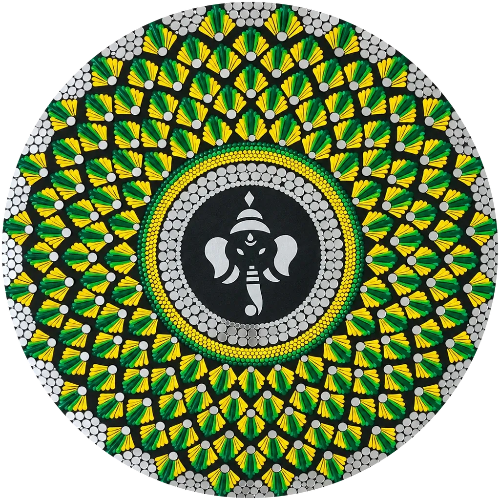 Gajanana in Green, a 24-inch hand-painted dot mandala wall disc