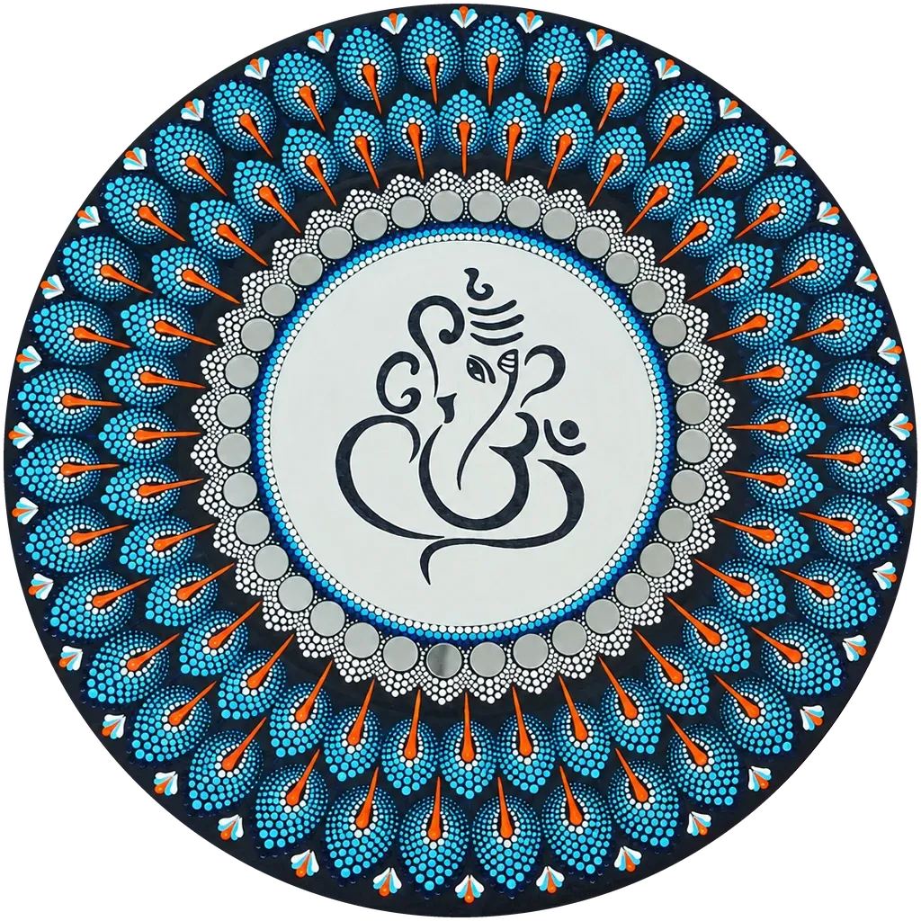Peacock Ganesha, a calligraphic Ganesha ringed by turquoise peacock-feather petals