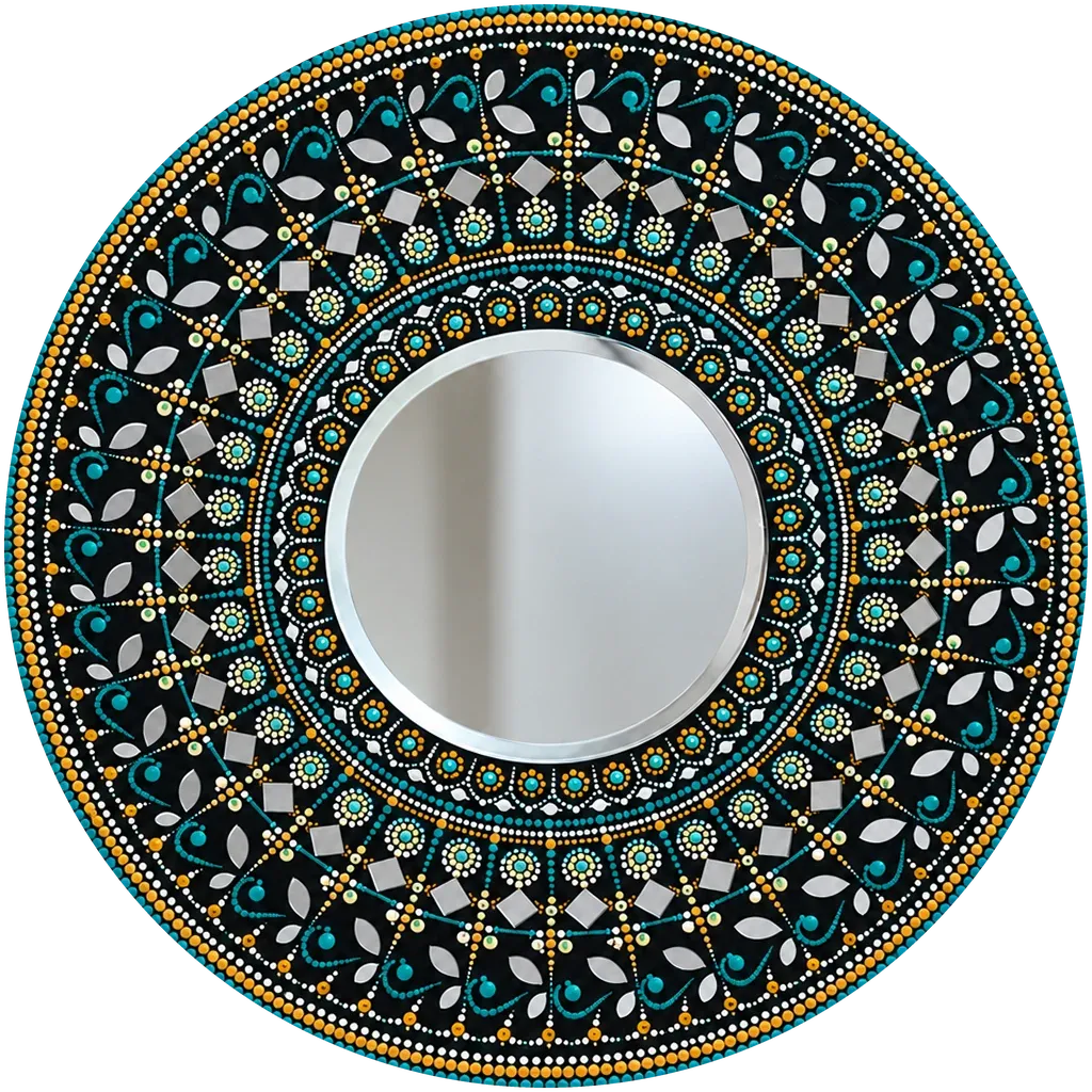 Moonwell Mirror, a 16-inch hand-painted dot mandala mirror