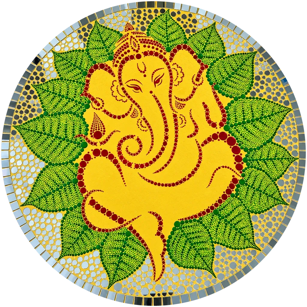 Pipal Leaf Ganesha, a 22-inch hand-painted dot mandala wall disc