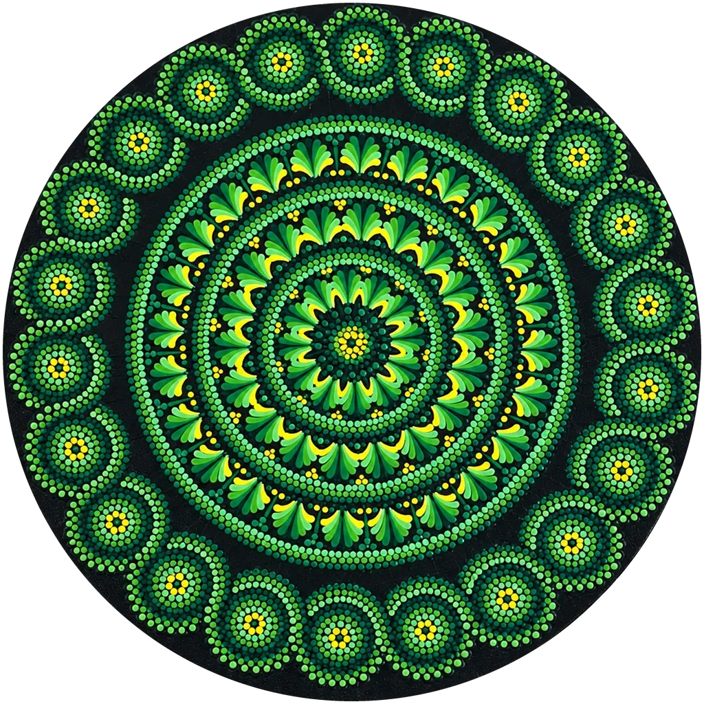 Emerald Bloom, a 16-inch hand-painted dot mandala wall disc