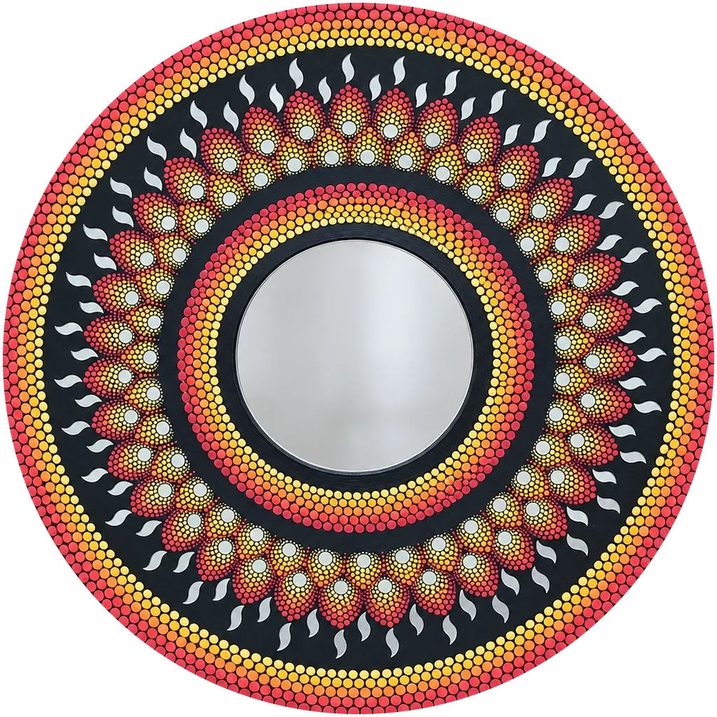 Ember Petal Mirror, a 24-inch hand-painted dot mandala mirror