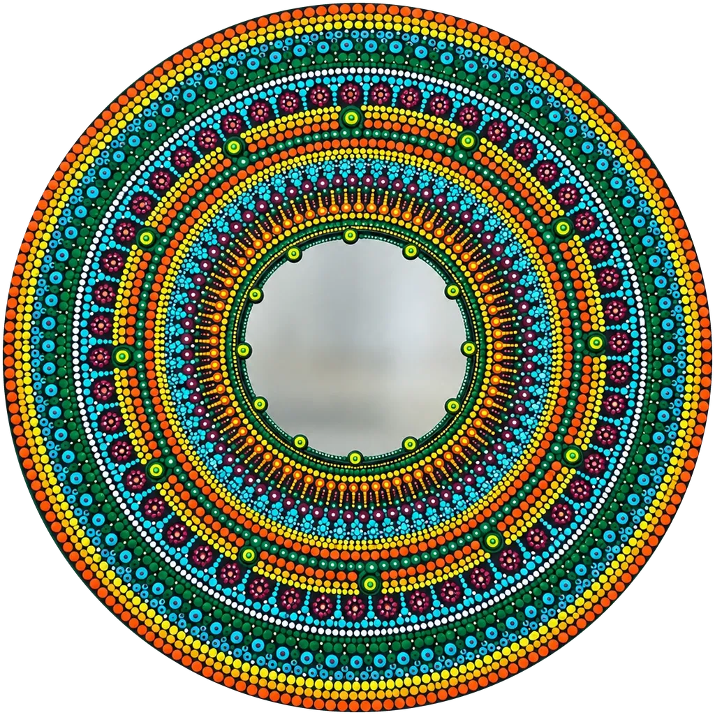 Marigold Mirror, a 24-inch hand-painted dot mandala mirror