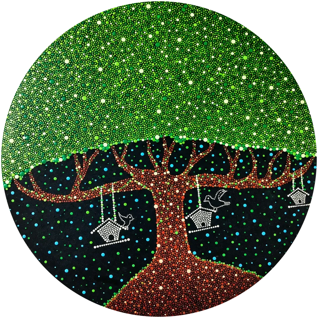 Tree of Wishes III, a 22-inch hand-painted dot mandala wall disc