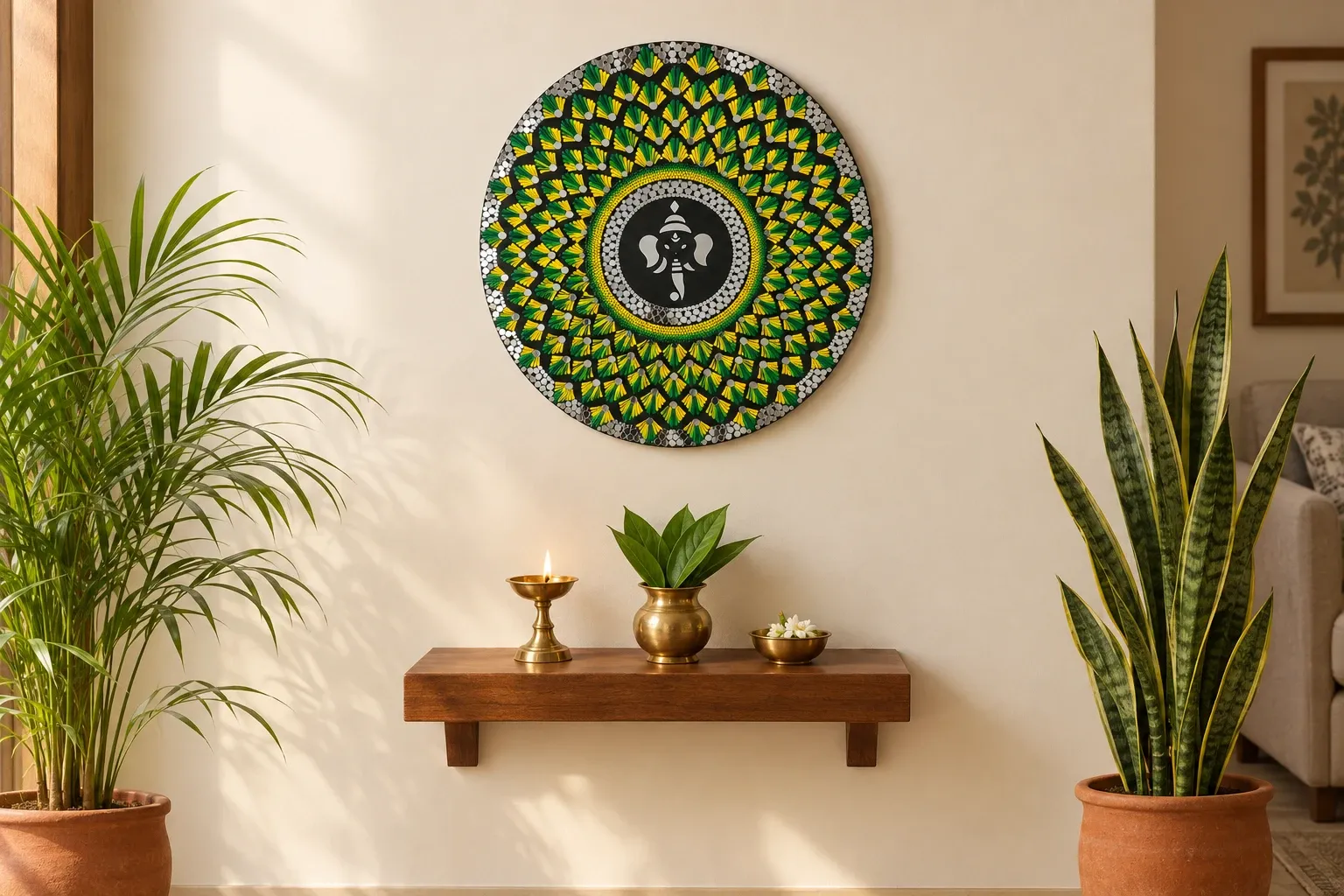 Gajanana in Green in a puja corner