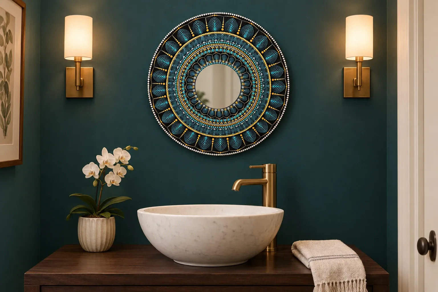 Midnight Petal Mirror in a powder room