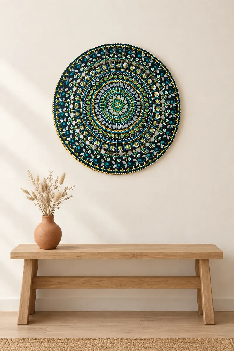 Shisha Rangoli hanging on a plain wall above a wooden bench