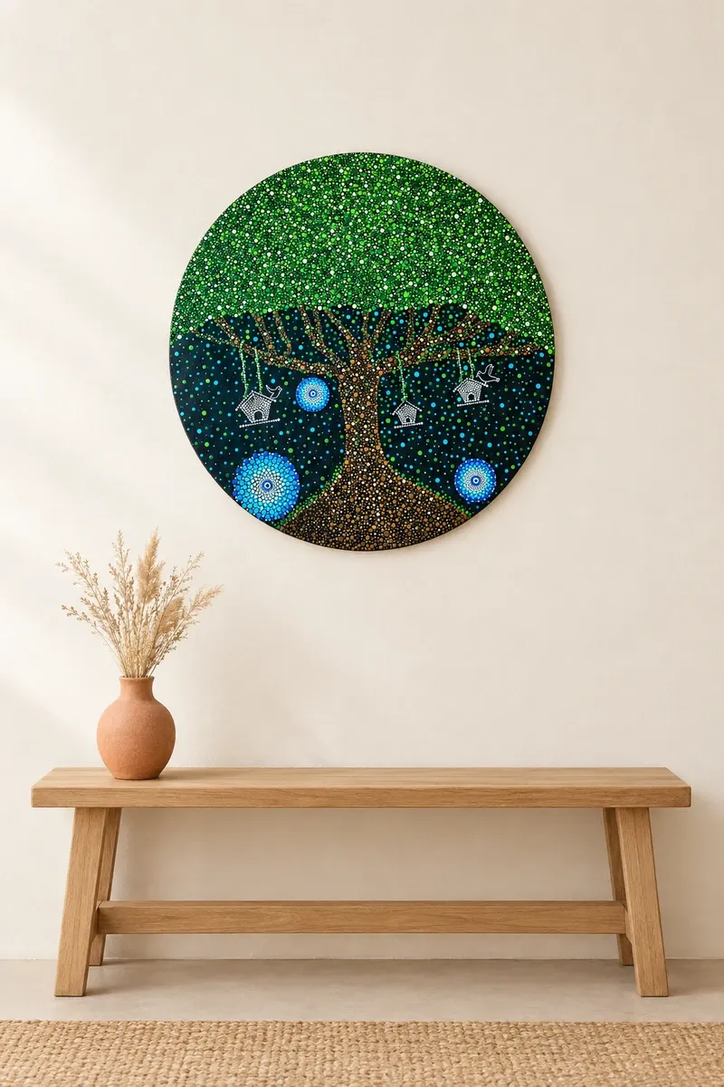 Tree of Wishes hanging on a plain wall above a wooden bench