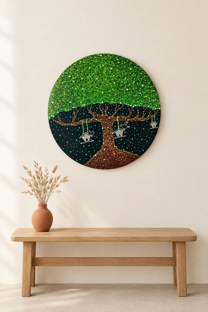 Tree of Wishes III hanging on a plain wall above a wooden bench