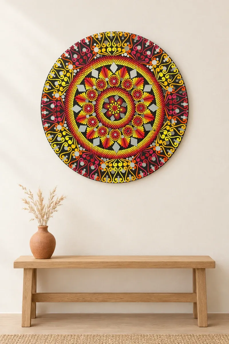 Fire Lotus hanging on a plain wall above a wooden bench