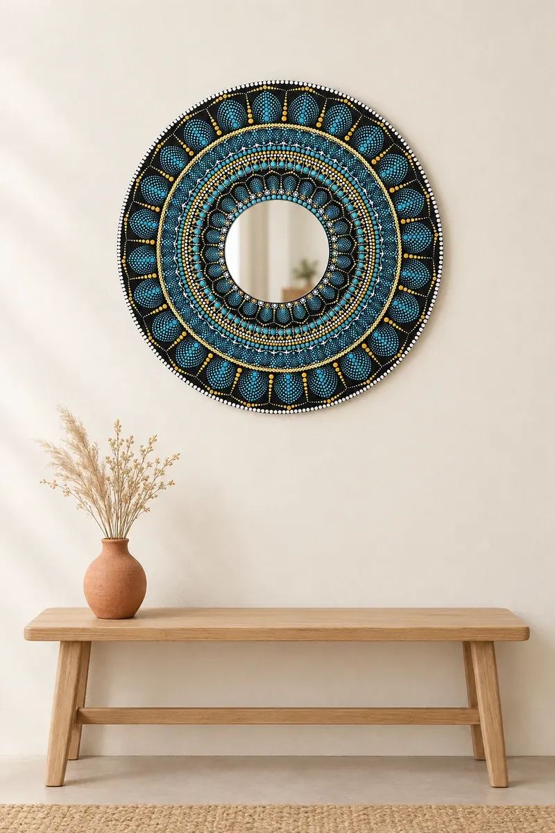 Midnight Petal Mirror hanging on a plain wall above a wooden bench