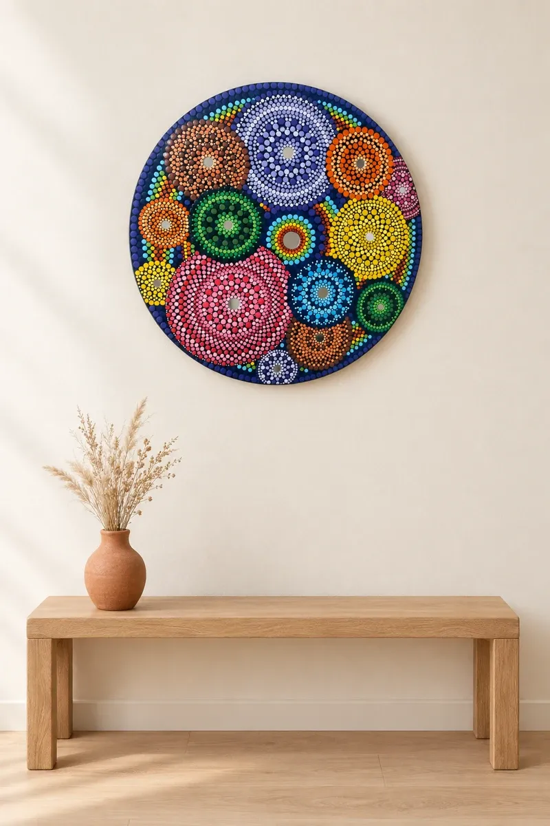 Garden of Small Worlds hanging on a plain wall above a wooden bench