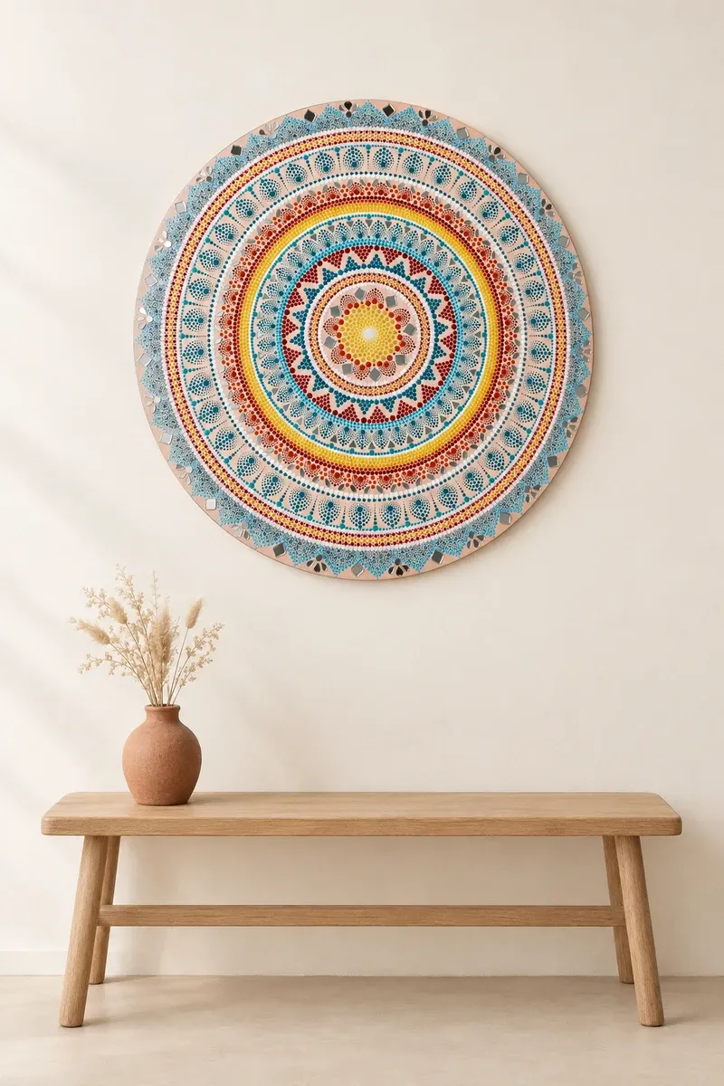 Summer Rangoli hanging on a plain wall above a wooden bench