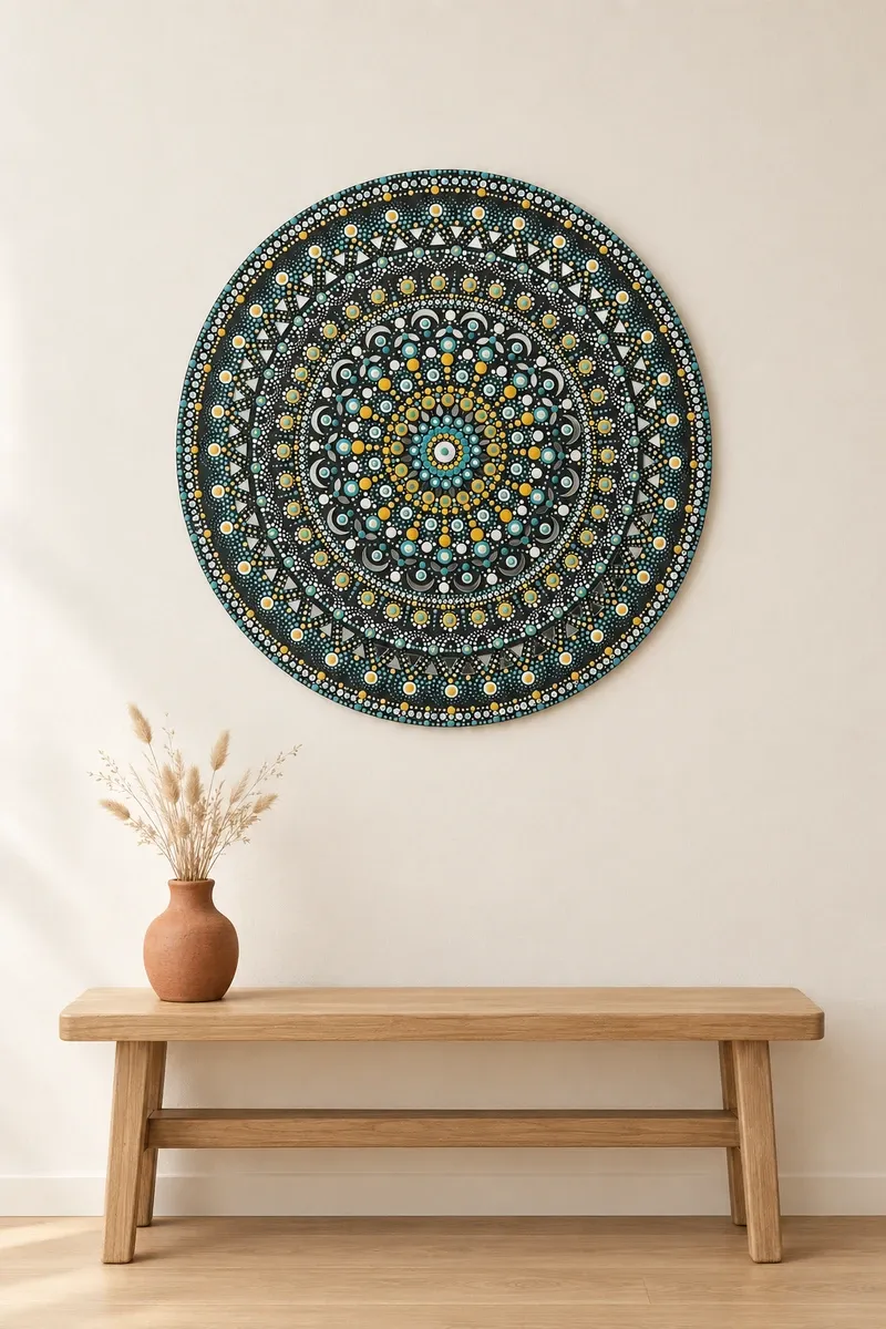 Starlit Pearl hanging on a plain wall above a wooden bench