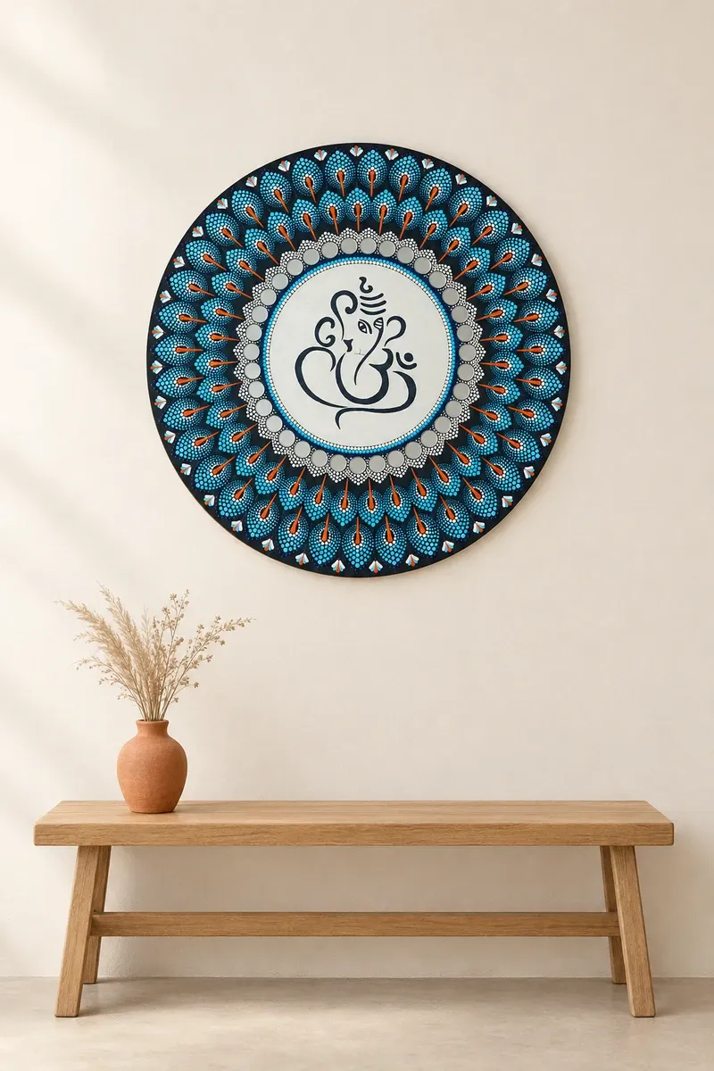 Peacock Ganesha hanging on a plain wall above a wooden bench