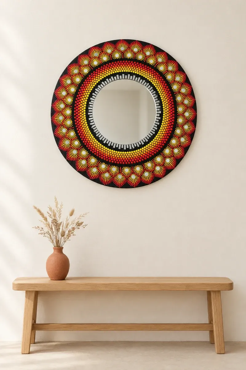 Sunflare Mirror hanging on a plain wall above a wooden bench