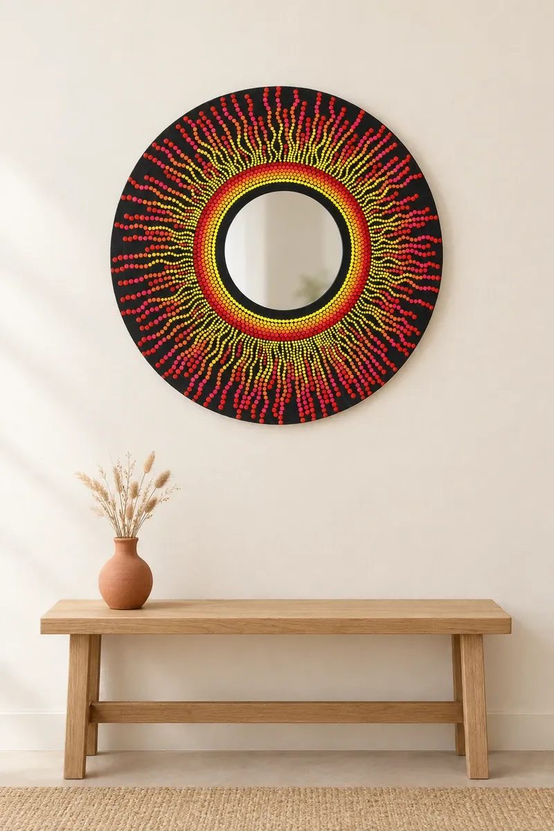 Solar Flare Mirror hanging on a plain wall above a wooden bench
