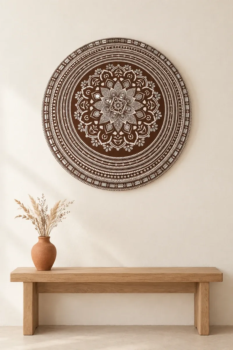 Cocoa Lace hanging on a plain wall above a wooden bench