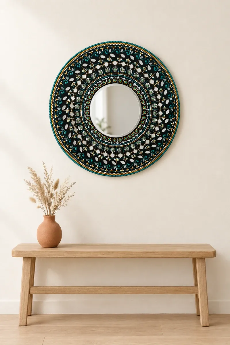 Moonwell Mirror hanging on a plain wall above a wooden bench