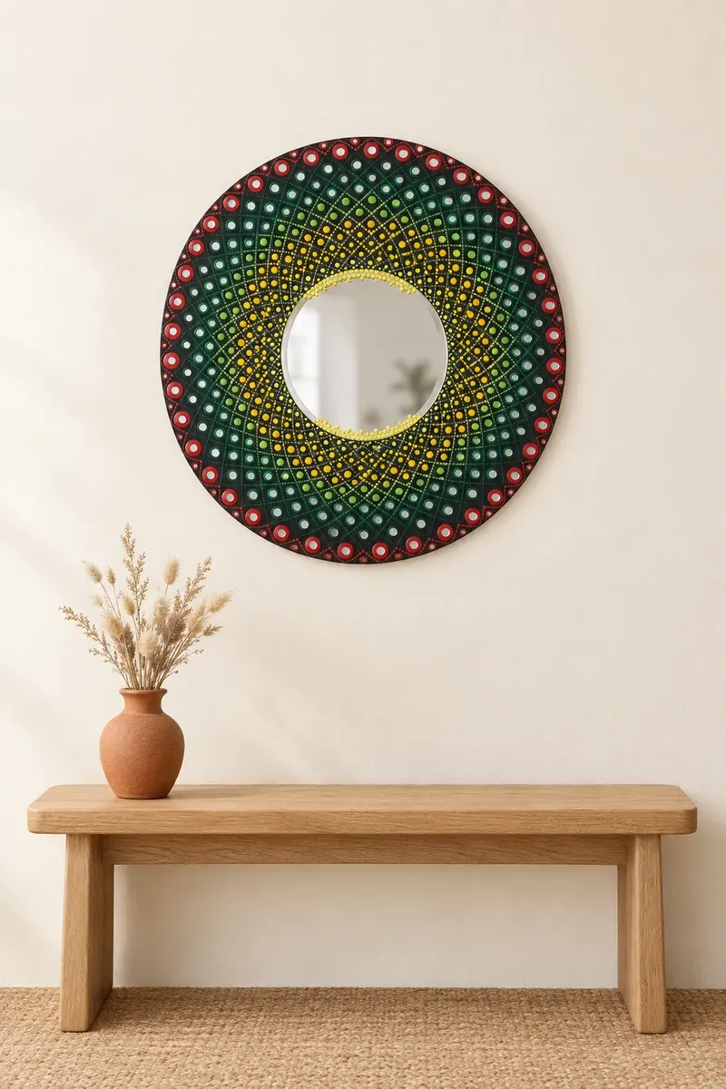 Green Lattice Mirror hanging on a plain wall above a wooden bench