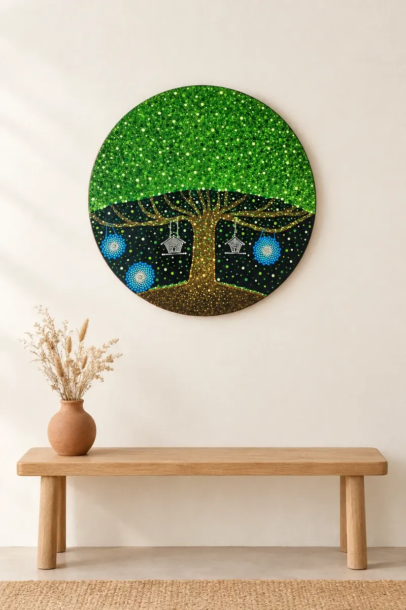 Tree of Wishes II hanging on a plain wall above a wooden bench